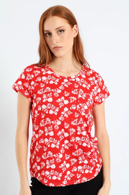 Two Tone Floral Pocket Tee - White/Red sold by Edgars