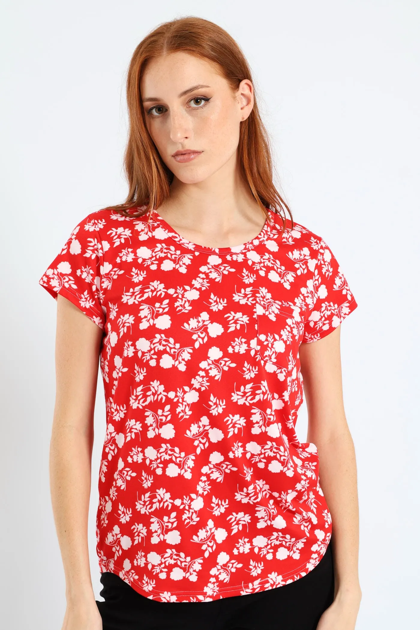 Two Tone Floral Pocket Tee - White/Red sold by Edgars
