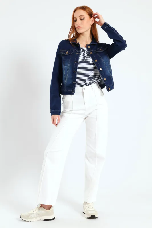 Long Sleeve Classic Knit Denim Trucker Jacket - Dark Wash sold by Edgars