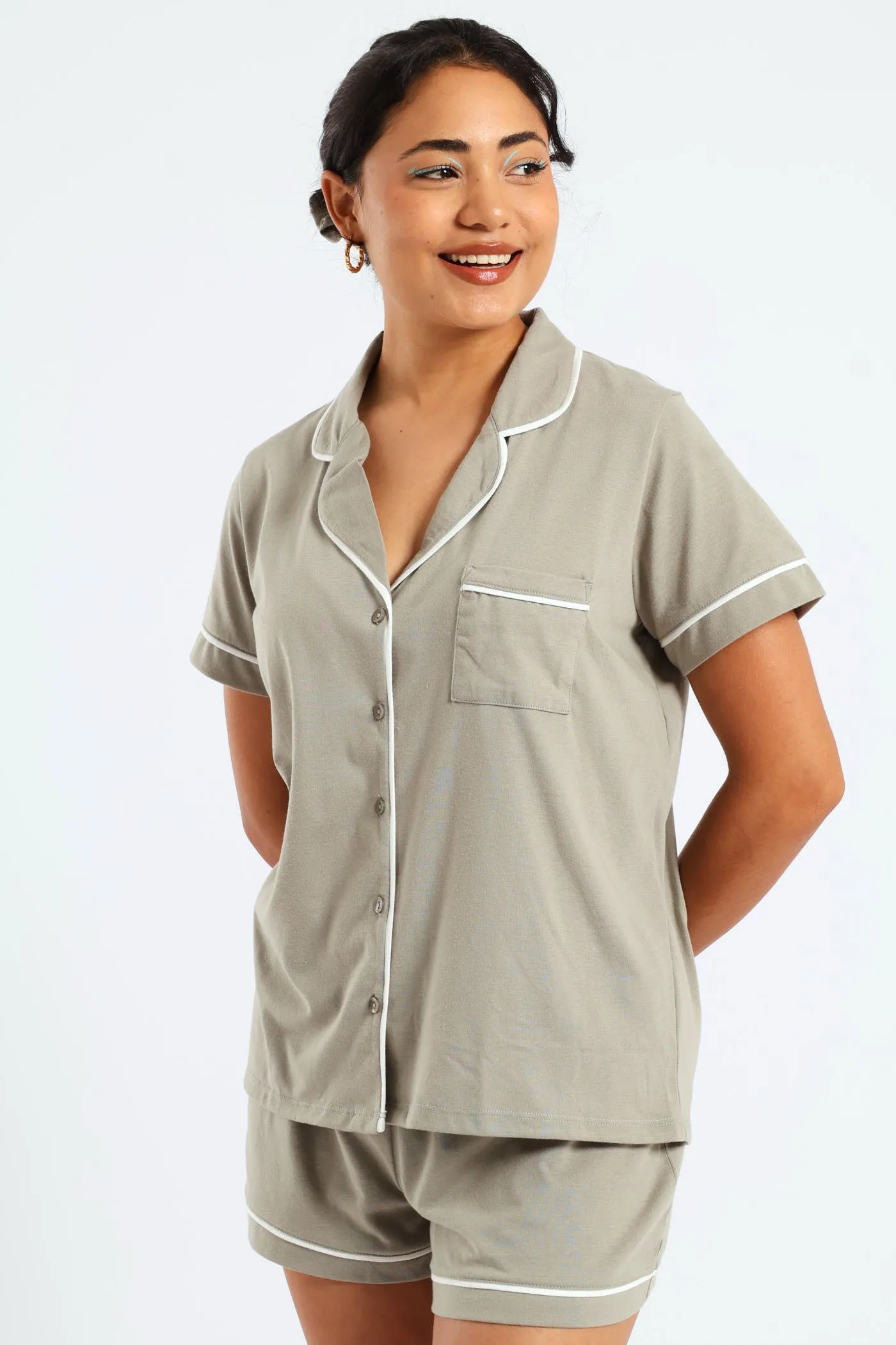 Button Through Knit Short Set With Scrunchie - Fatigue sold by Edgars