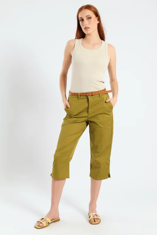 Belted Sateen Chino Capri Shorts - Chartreuse sold by Edgars