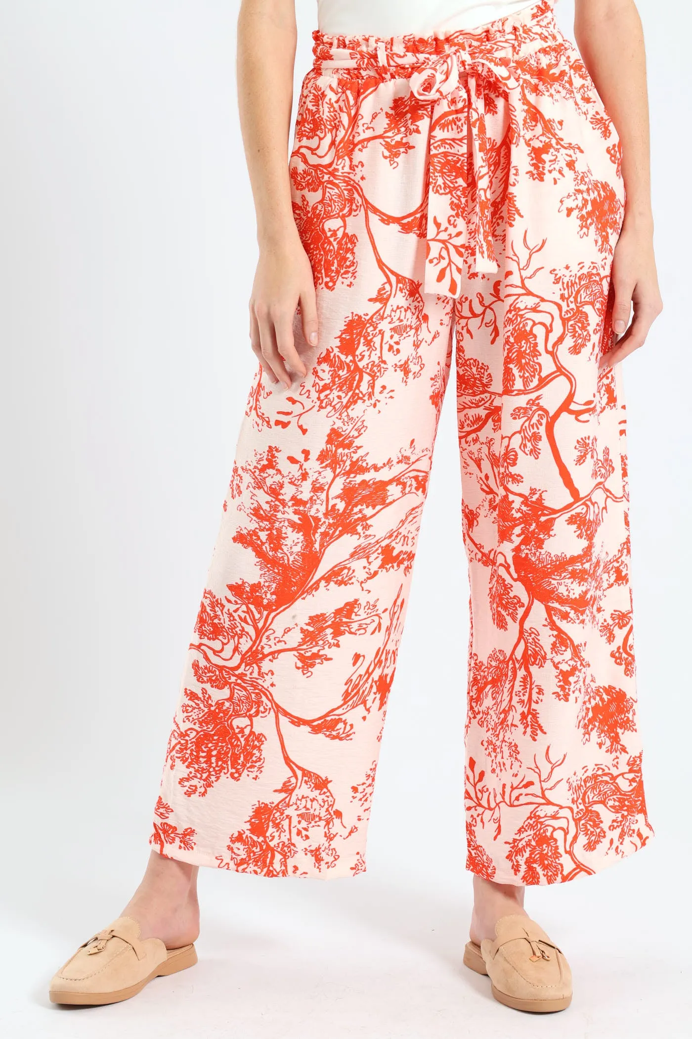 Self Belt Pull On Linen Culotte Pants - White/Orange sold by Edgars