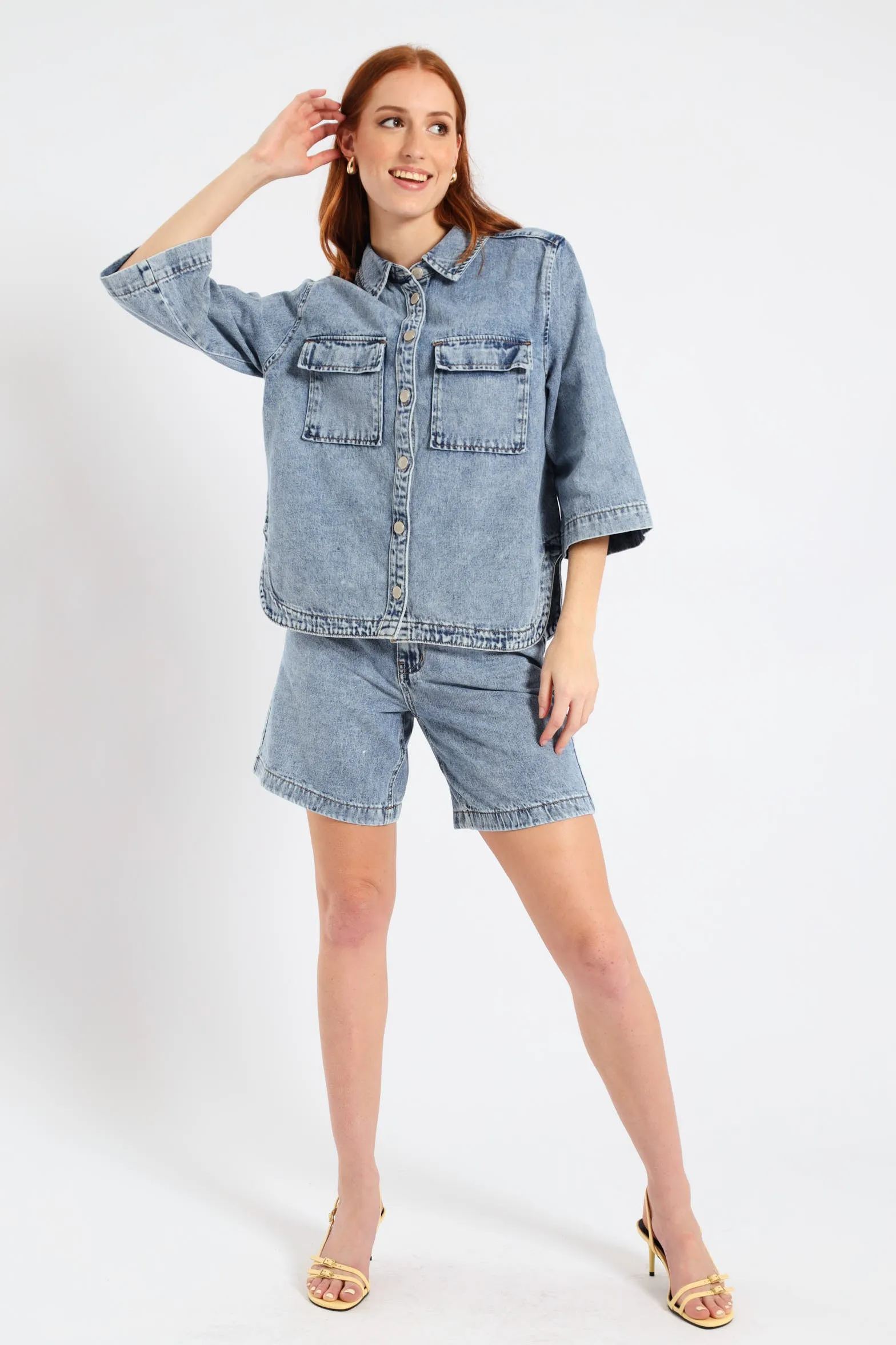 3/4 Sleeve Curved Hem Denim Shirt - Light Wash sold by Edgars