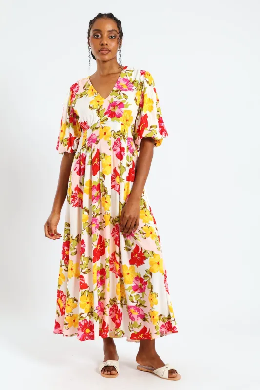 Bubble Sleeve V-Neck Pleat Detail Midaxi Dress sold by Edgars