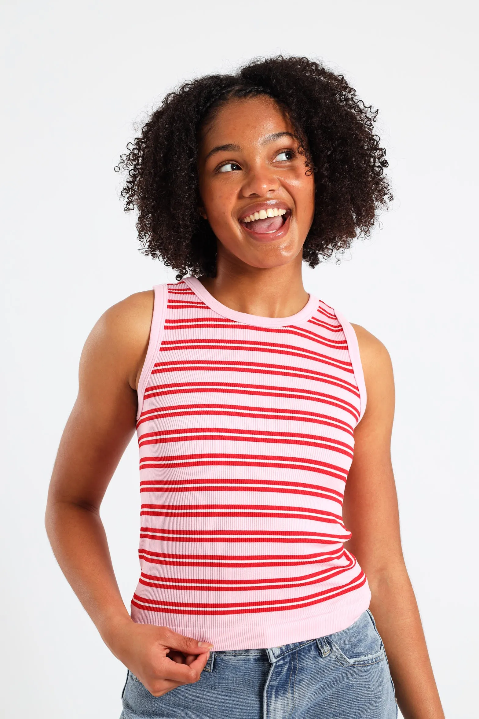 Girls Stripe Crew Seamless Vest - Pink sold by Edgars