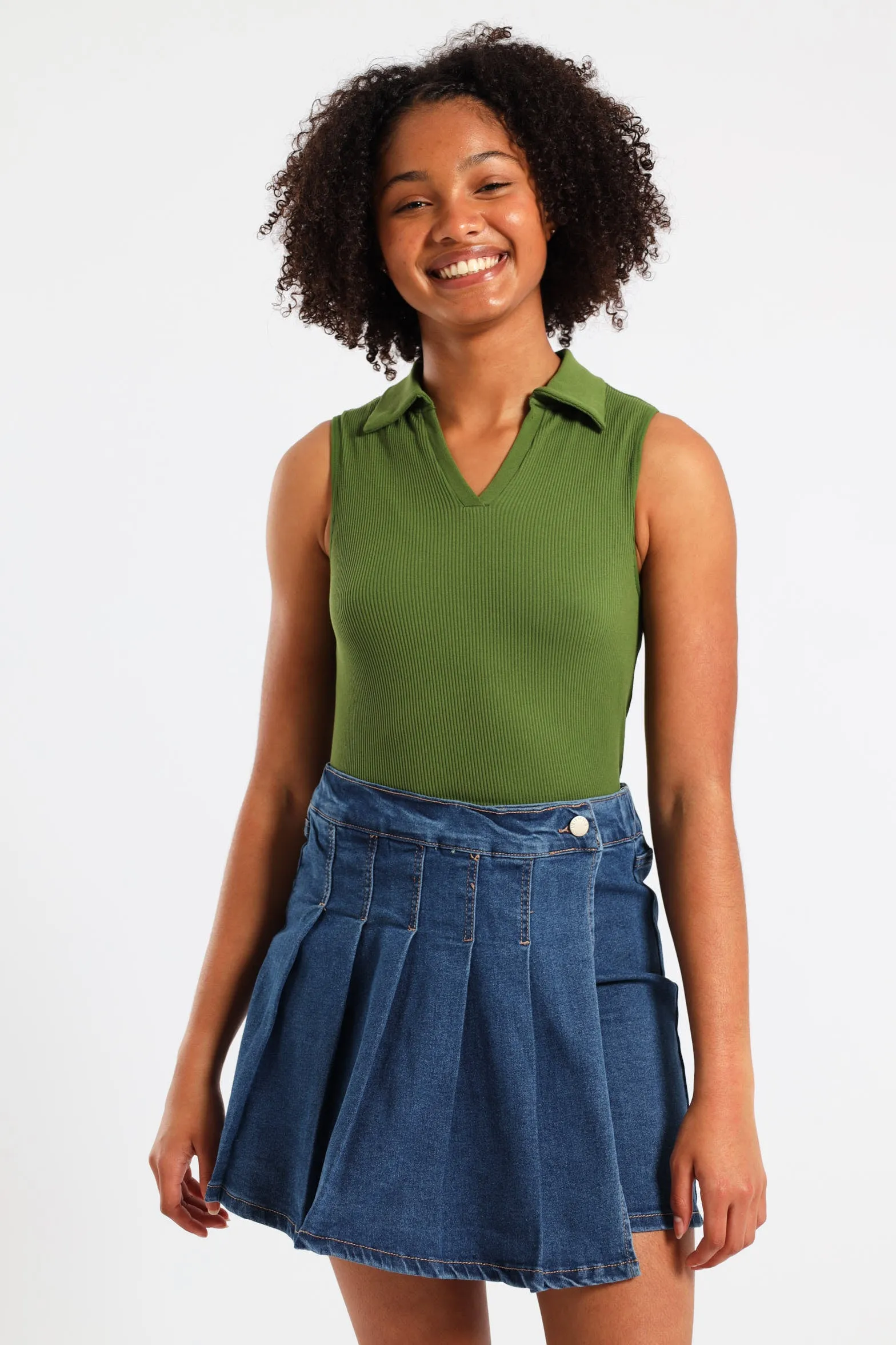 Girls Denim Pleated Skort - Mid Wash sold by Edgars