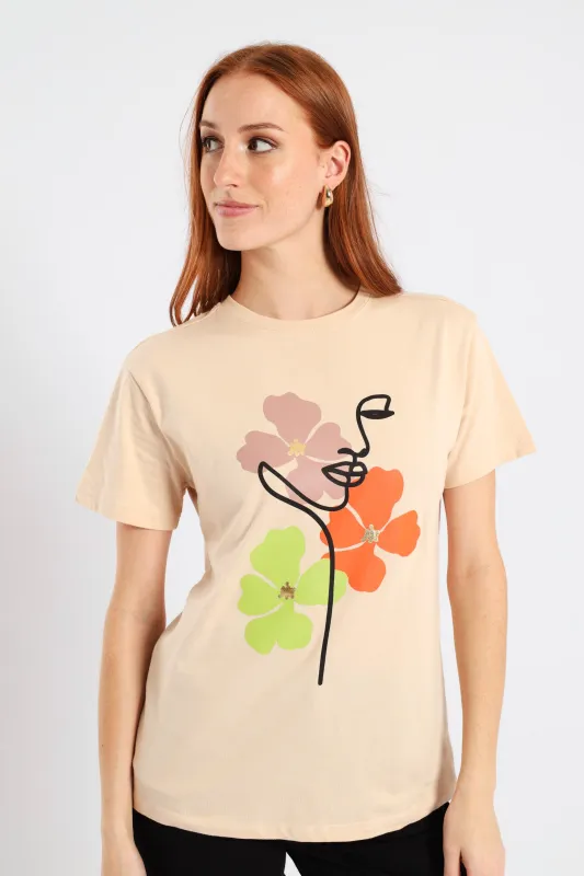 Three Flower Line Face Foil Regular Tee - Wheat sold by Edgars