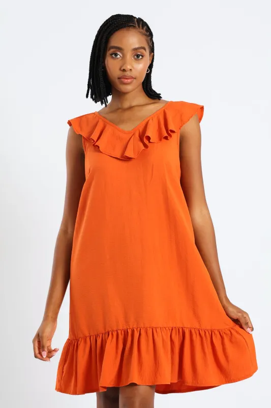 Sleeveless V-Neck Frill Mini Hem Dress - Burnt Orange sold by Edgars