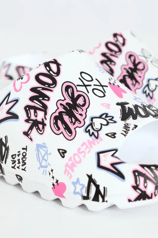 Girls Graffiti Slide - White/Pink sold by Edgars