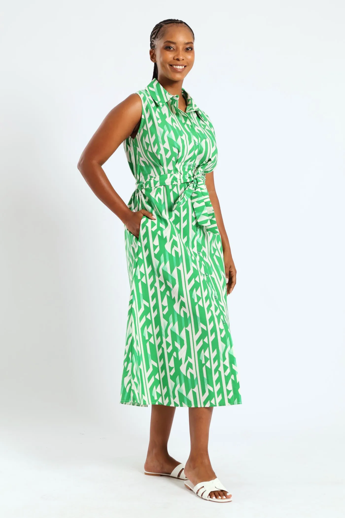 1/2 Pocket Collared Belted Midi Dress - White/Green sold by Edgars