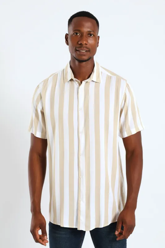 Short Sleeve Viscose Stripe Regular Shirt - Stone sold by Edgars