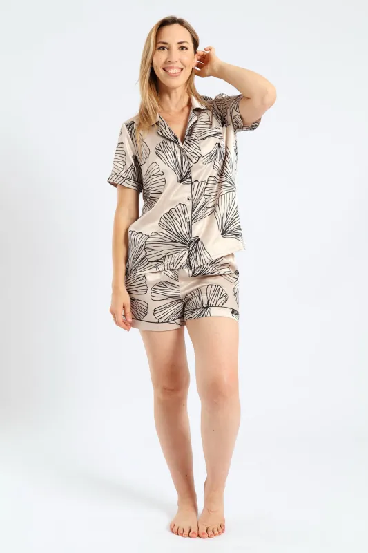 Handrawn Palm Button Through & Short Satin Set - Light Grey sold by Edgars