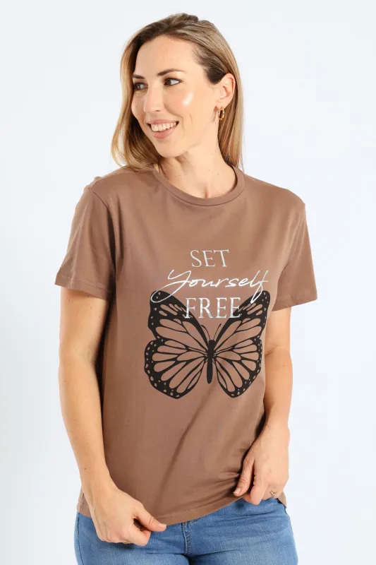 Short Sleeve Set Yourself Free Butterfly Foil Regular Tee - Taupe sold by Edgars