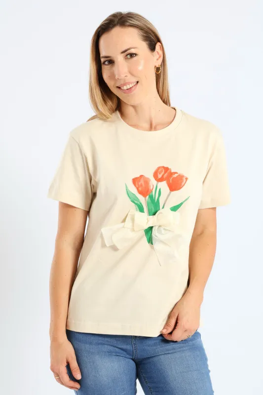 Short Sleeve Rib Neck Tullip 3-D Bow Tee - Light Stone sold by Edgars