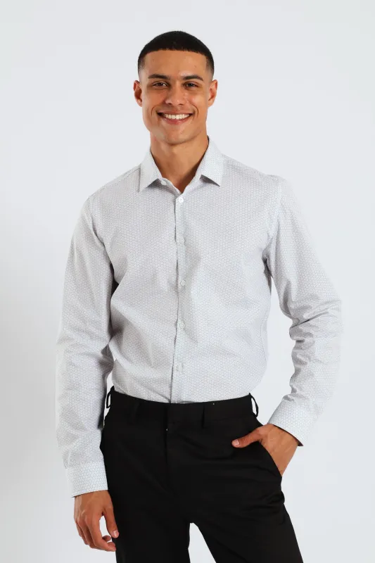 Long Sleeve Slim Geometric Pattern Print Shirt - Grey/White sold by Edgars