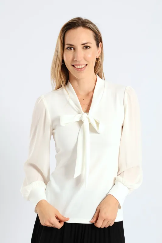 Kitty Bow Knitwear Combo Blouse - Cream sold by Edgars