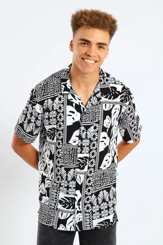 Short Sleeve Viscose Block Leaf Shirt - Black/White sold by Edgars 