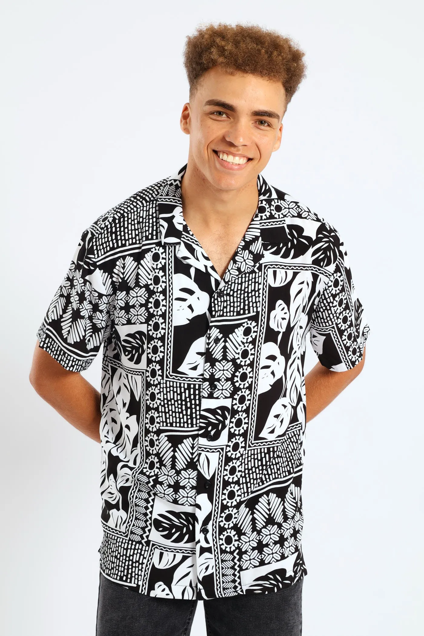 Short Sleeve Viscose Block Leaf Shirt - Black/White sold by Edgars