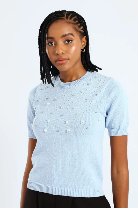 Pearl Embellished Pullover - Light Blue sold by Edgars