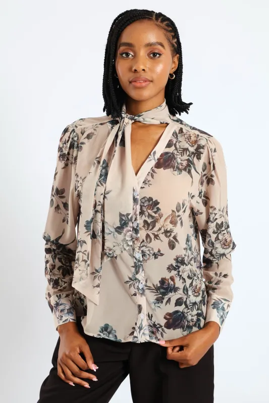 Kitty Bow Floral Romantic Chiffon Blouse - Cream sold by Edgars
