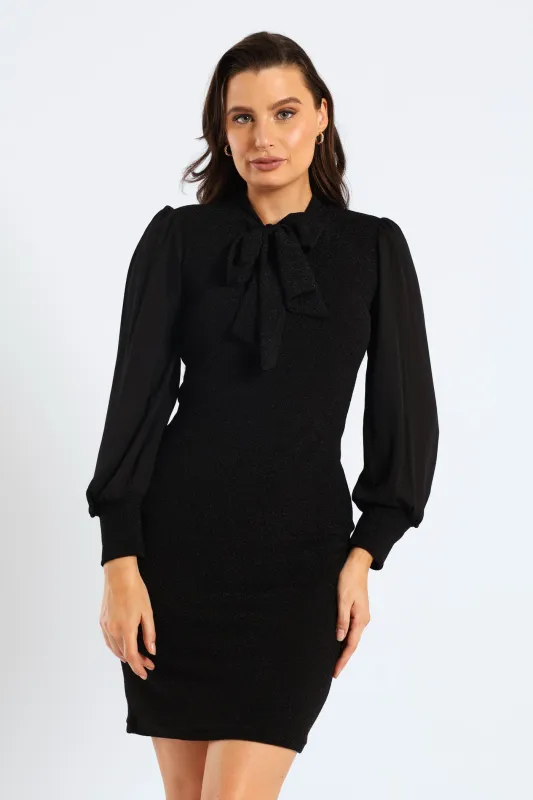 Kitty Bow Keyhole Shimmer Combo Dress - Black sold by Edgars