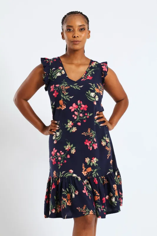 V-Neck Frill Sleeve Drop Hem Printed Mini Dress - Navy sold by Edgars