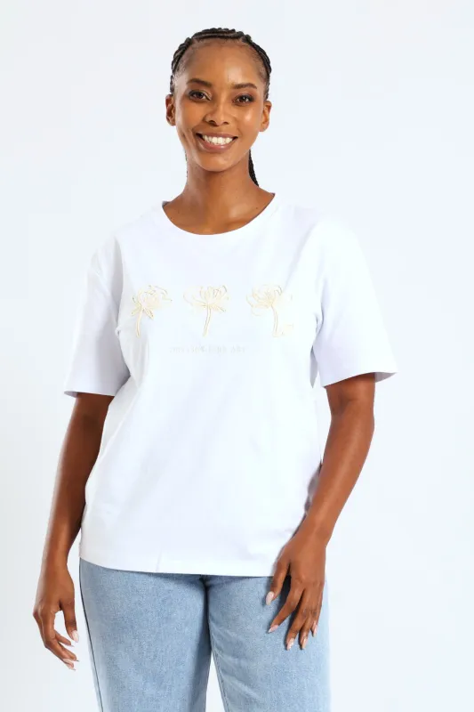 Rib Neck Cornelli Flowers Tee - White sold by Edgars