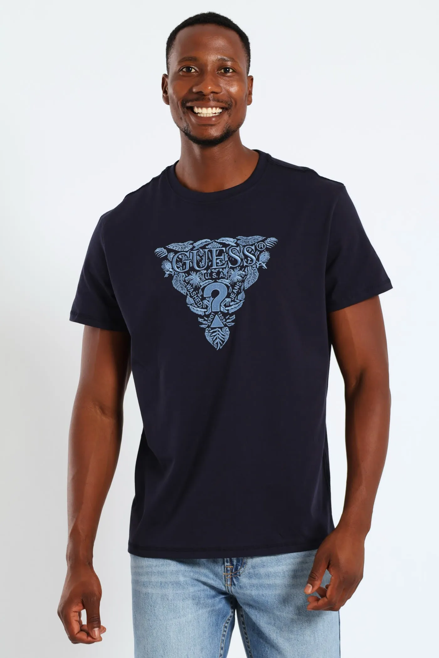 Short Sleeve Flower Embroidered Tee - Navy sold by Edgars