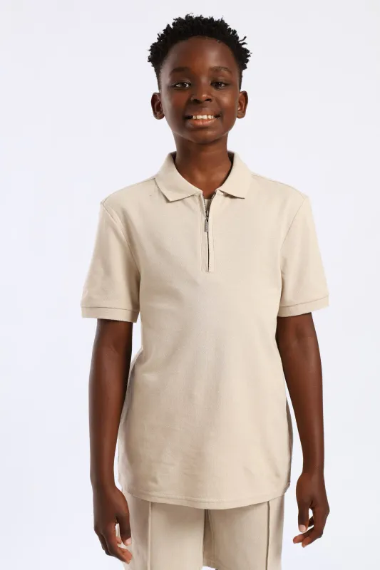 Boys Pique Zip Golfer - Stone sold by Edgars