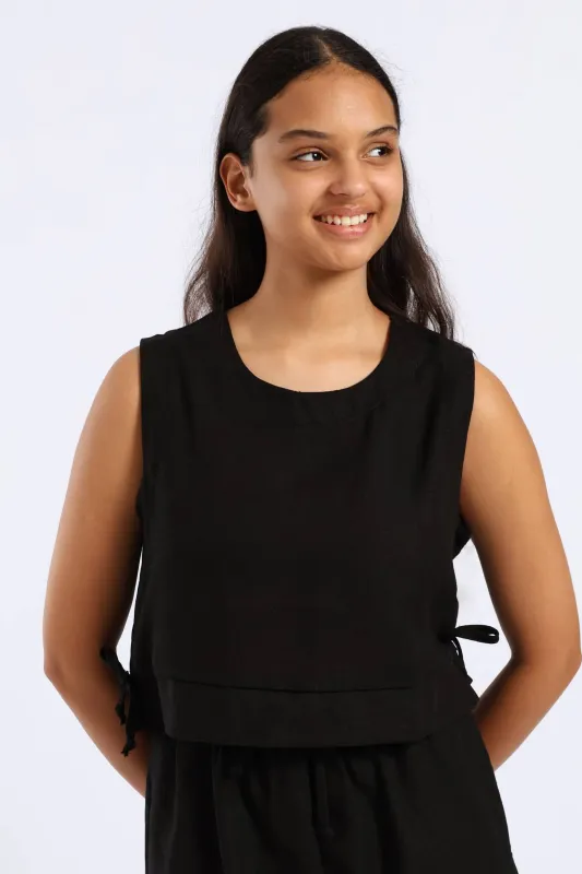 Girls Tie Detail Linen Top - Black sold by Edgars
