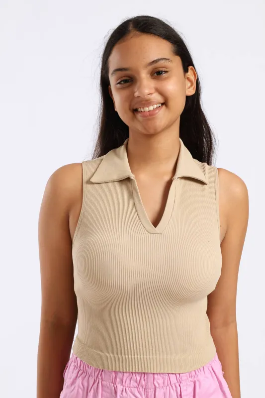 Girls Seamless Johnny Collar Top - Stone sold by Edgars