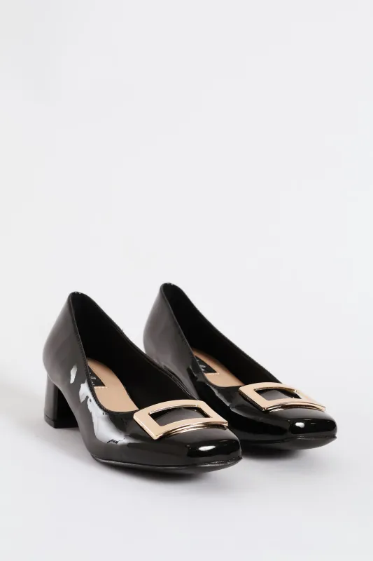 Square Toe Block Court Heel With Trim - Black sold by Edgars