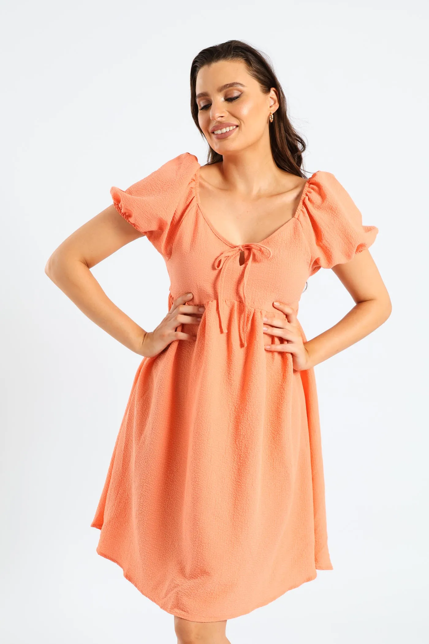 Puff Sleeve Tie-Front Gypsy Mini Dress - Light Coral sold by Edgars