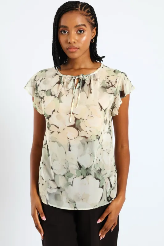 Tie Up Flutter Sleeve Blouse - Green sold by Edgars
