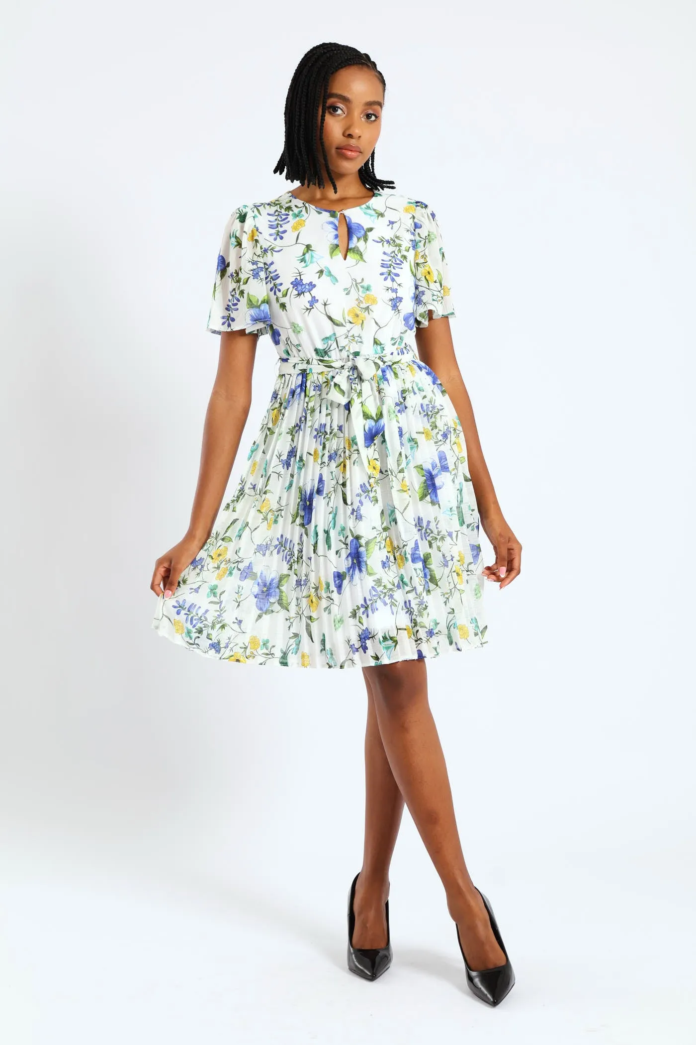 Keyhole Floral Pleated Tea Dress - Blue sold by Edgars