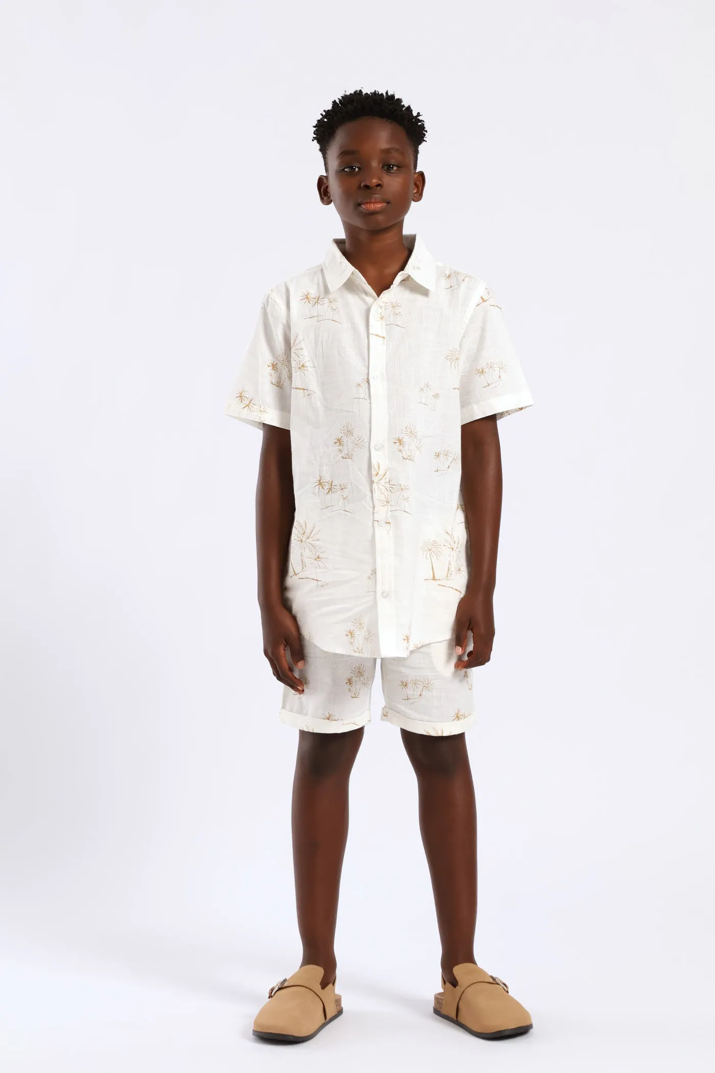 Boys Linen Look Palm Print Short - Natural sold by Edgars