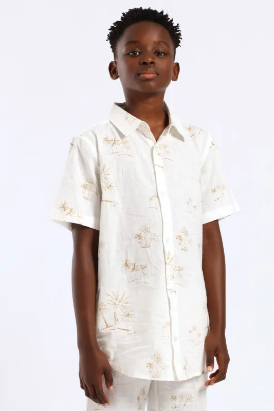 Boys Linen Look Palm Print Shirt - Natural sold by Edgars