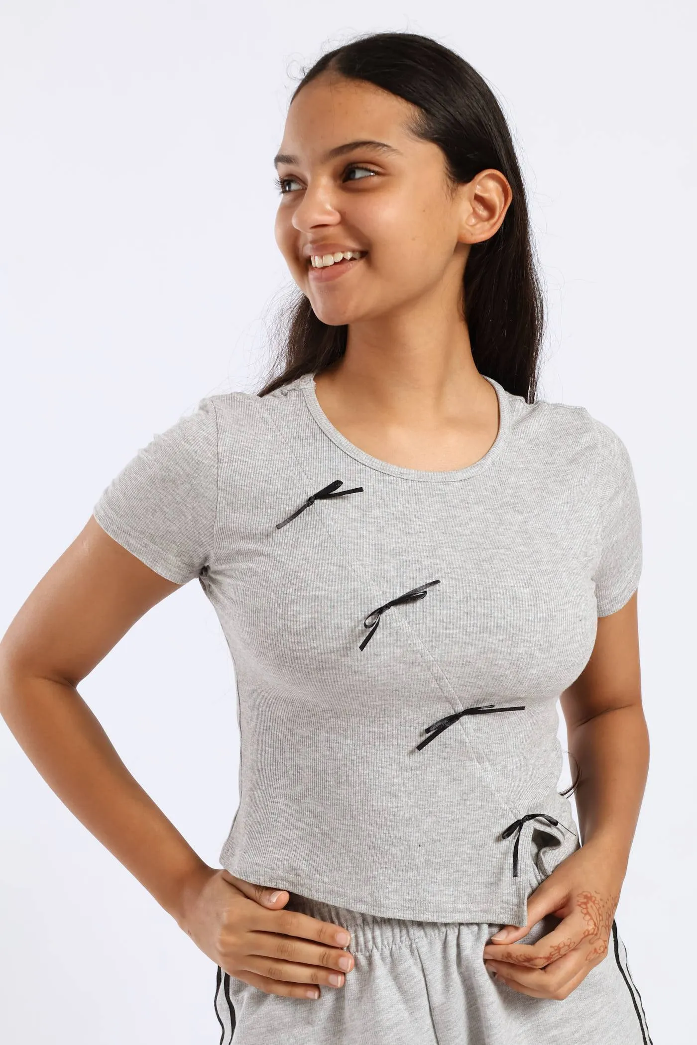 Girls Ribbed Bow Detail Tee - Grey sold by Edgars