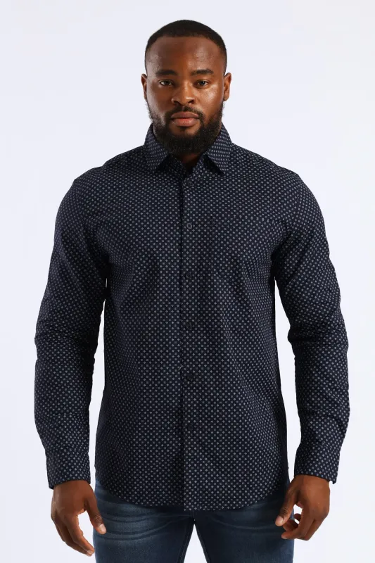 Long Sleeve Cube Print Button Down Shirt - Navy sold by Edgars