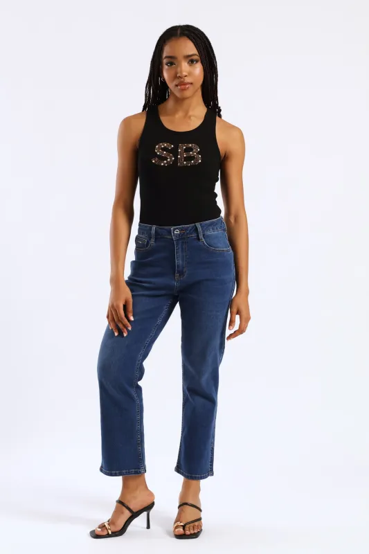 Mid Waist Capri Denim With Side Seam Slit & Back Pocket - Mid Blue sold by Edgars