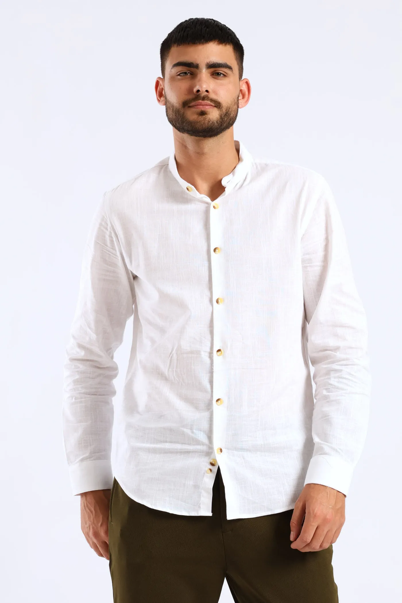 Long Sleeve Slim Linen Look Mandarin Shirt - White sold by Edgars