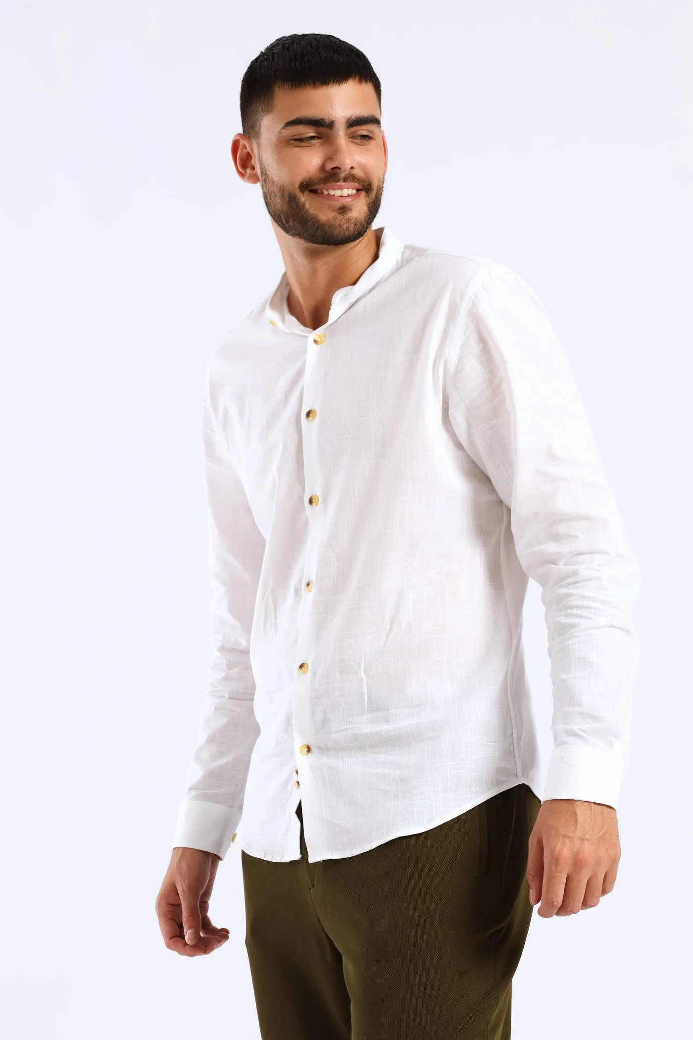 Long Sleeve Slim Linen Look Mandarin Shirt - White sold by Edgars product image thumbnail 3