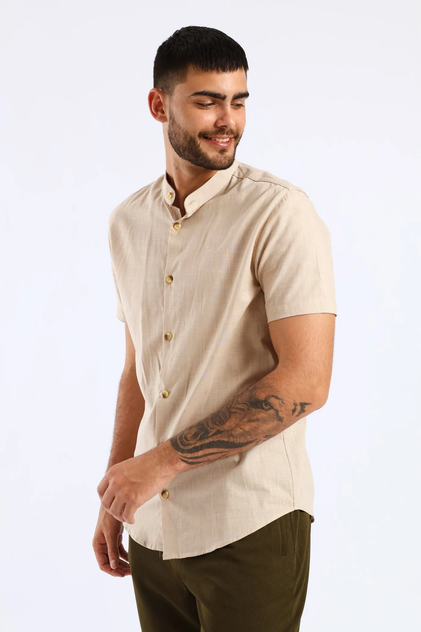 Short Sleeve Slim Linen Look Mandarin Shirt - Stone sold by Edgars product image thumbnail 3