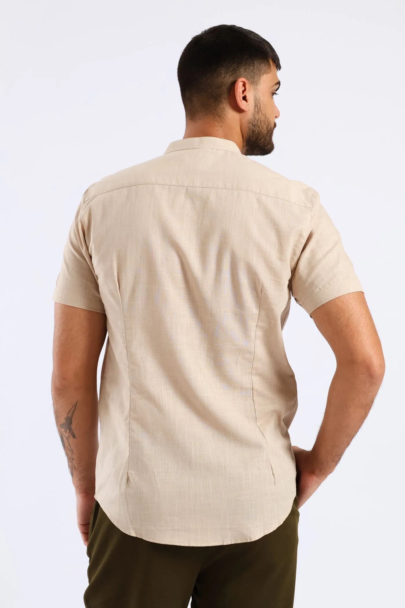Short Sleeve Slim Linen Look Mandarin Shirt - Stone sold by Edgars product image thumbnail 2
