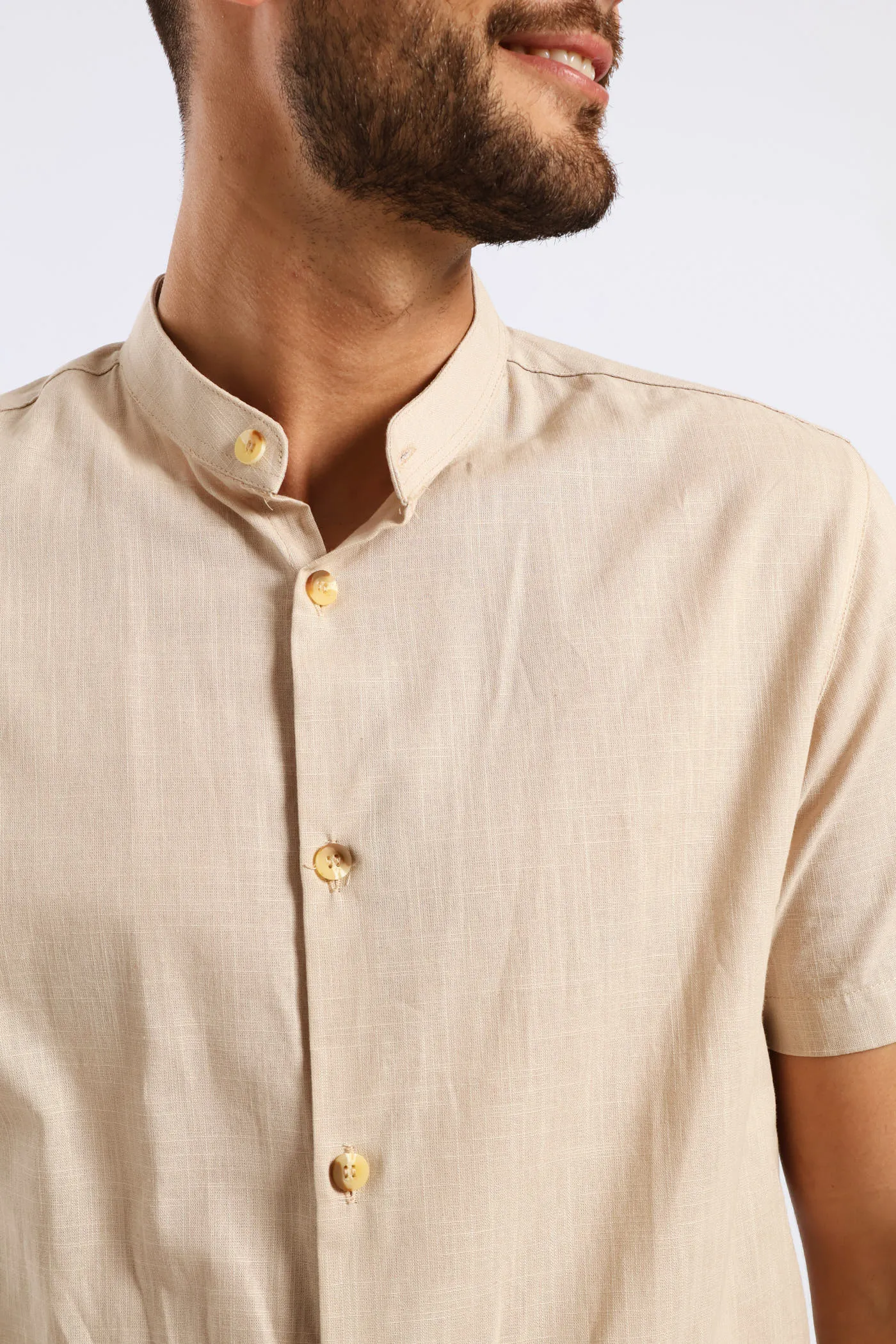 Short Sleeve Slim Linen Look Mandarin Shirt - Stone sold by Edgars product image thumbnail 4