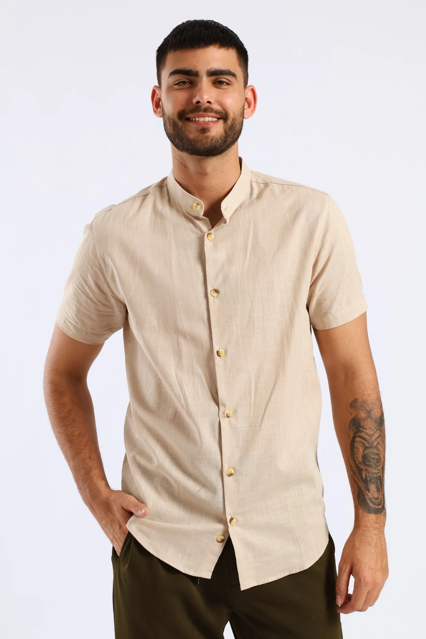 Short Sleeve Slim Linen Look Mandarin Shirt - Stone sold by Edgars