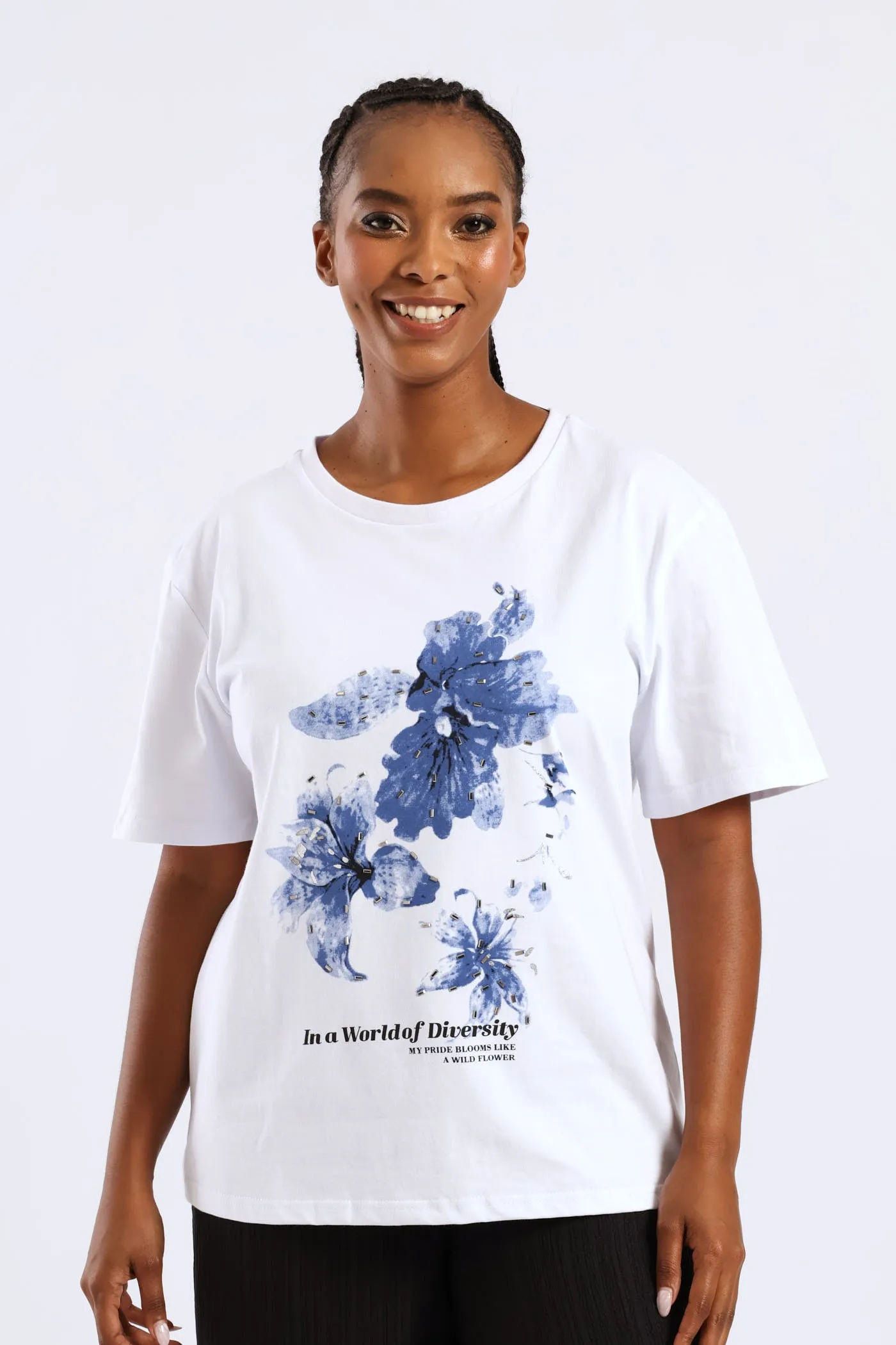 Lilly Diamante Rib Neck Tee - White/Blue sold by Edgars