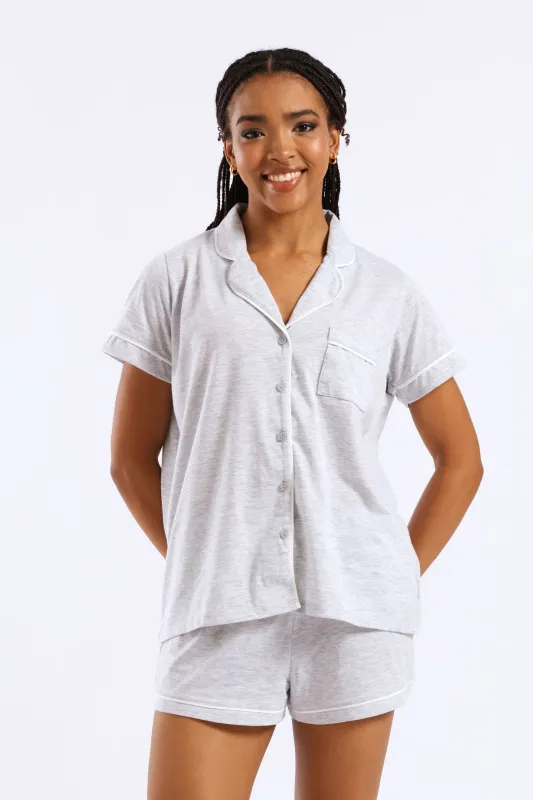 Button Through Knit Short Set With Scrunchie - Grey Melange sold by Edgars