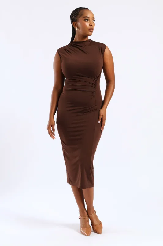 Hi-Neck Ruched Slinky Midi Dress - Brown sold by Edgars