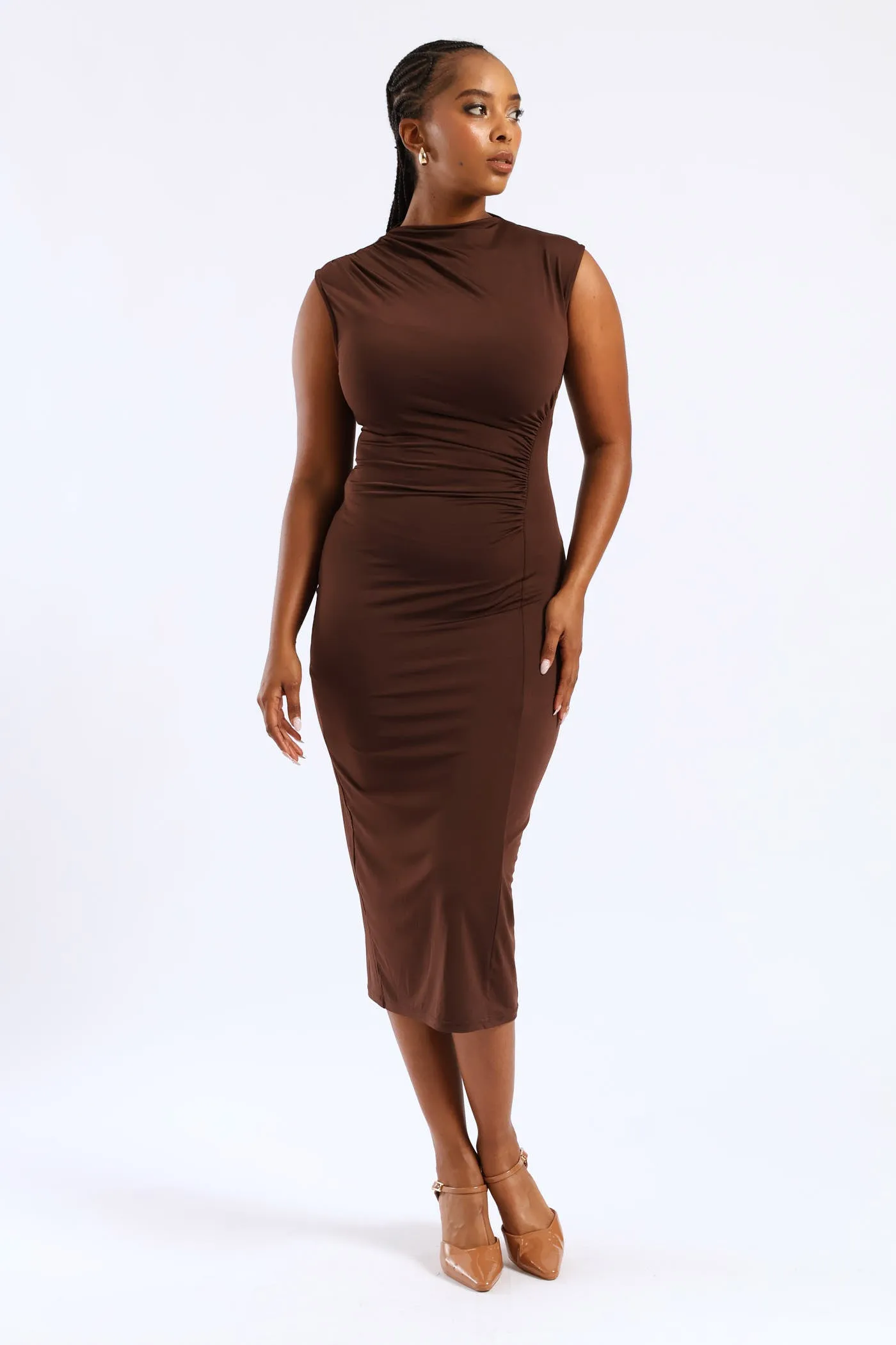 Hi-Neck Ruched Slinky Midi Dress - Brown sold by Edgars